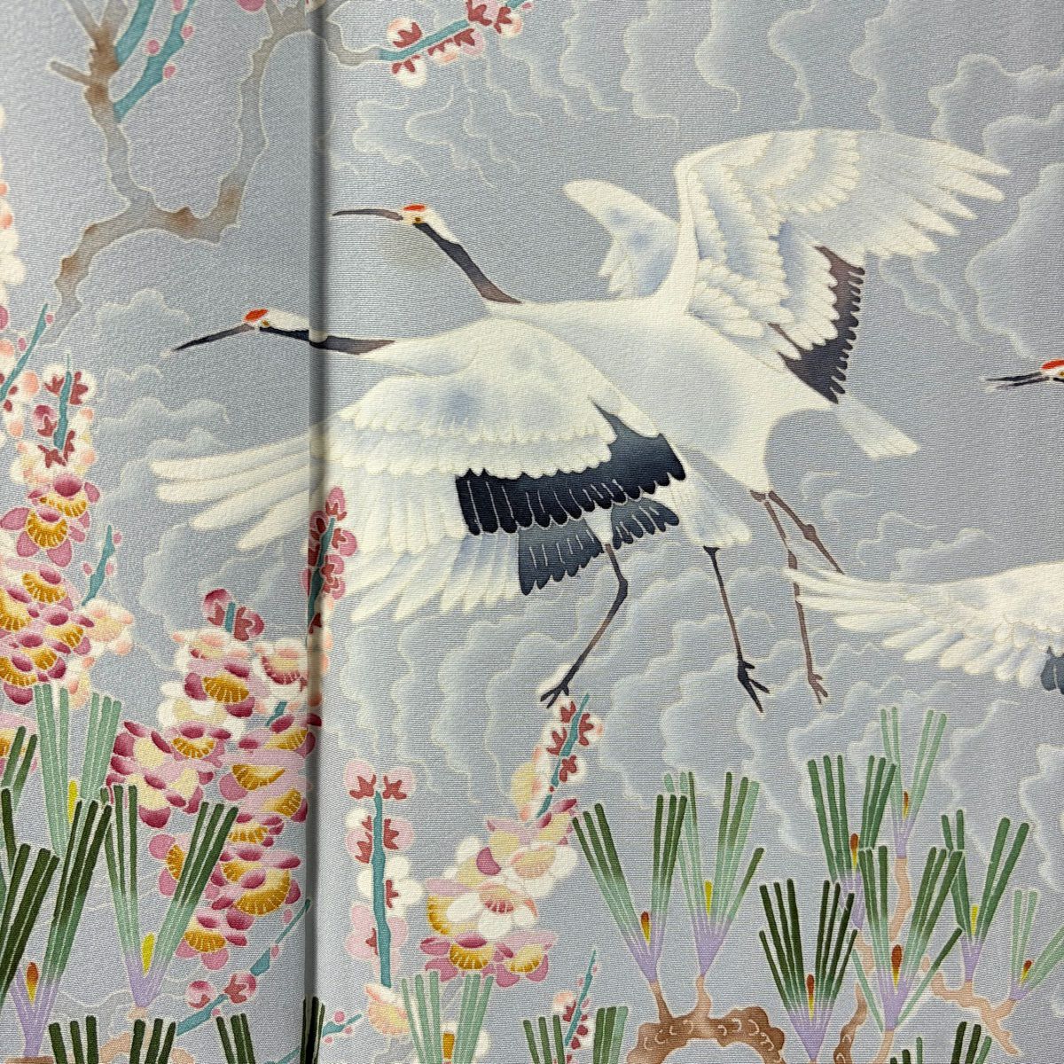 訪問服 身長162.5cm 袖長62.5cm S 雙層 村田幸司 落款あり 仙鶴 梅花松樹 青灰 純蠶絲 逸品級 一つ紋