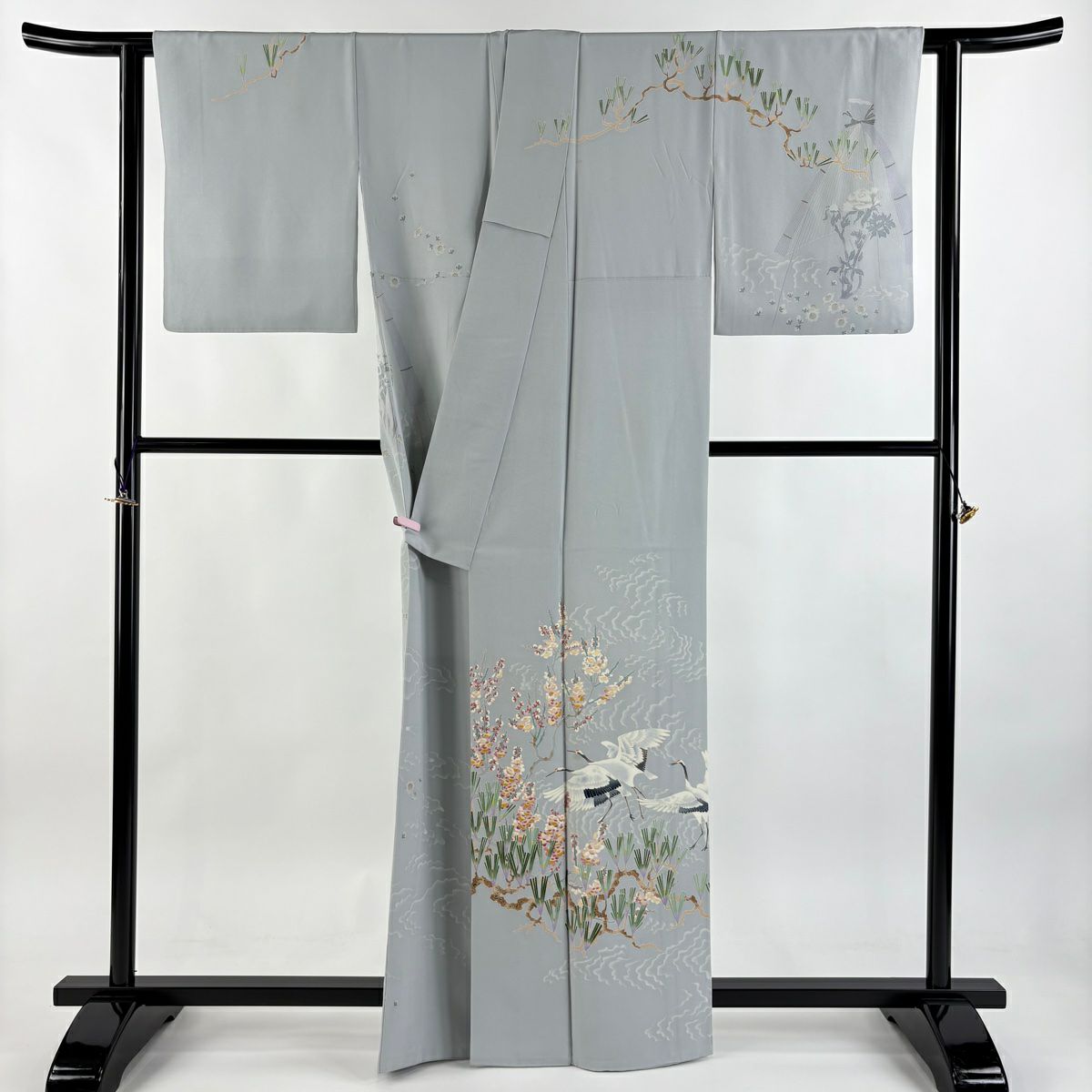 訪問服 身長162.5cm 袖長62.5cm S 雙層 村田幸司 落款あり 仙鶴 梅花松樹 青灰 純蠶絲 逸品級 一つ紋