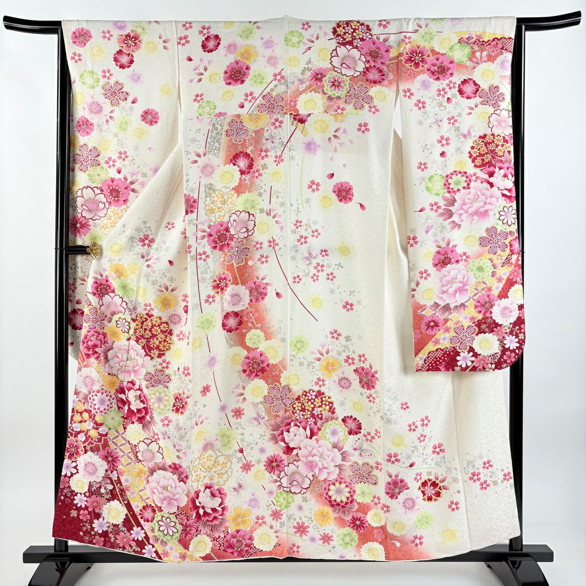 振袖禮服 身長157.5cm 袖長64.5cm M 雙層 牡丹 櫻花 金銀彩 金金箔 奶油色 純蠶絲 逸品級