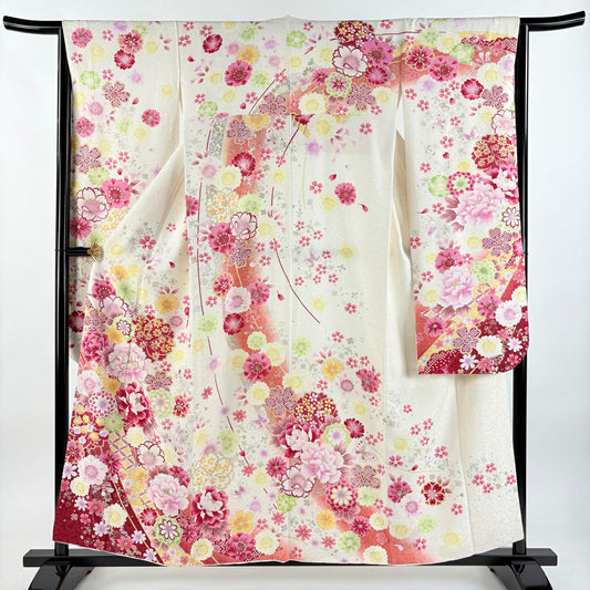 振袖禮服 身長157.5cm 袖長64.5cm M 雙層 牡丹 櫻花 金銀彩 金金箔 奶油色 純蠶絲 逸品級