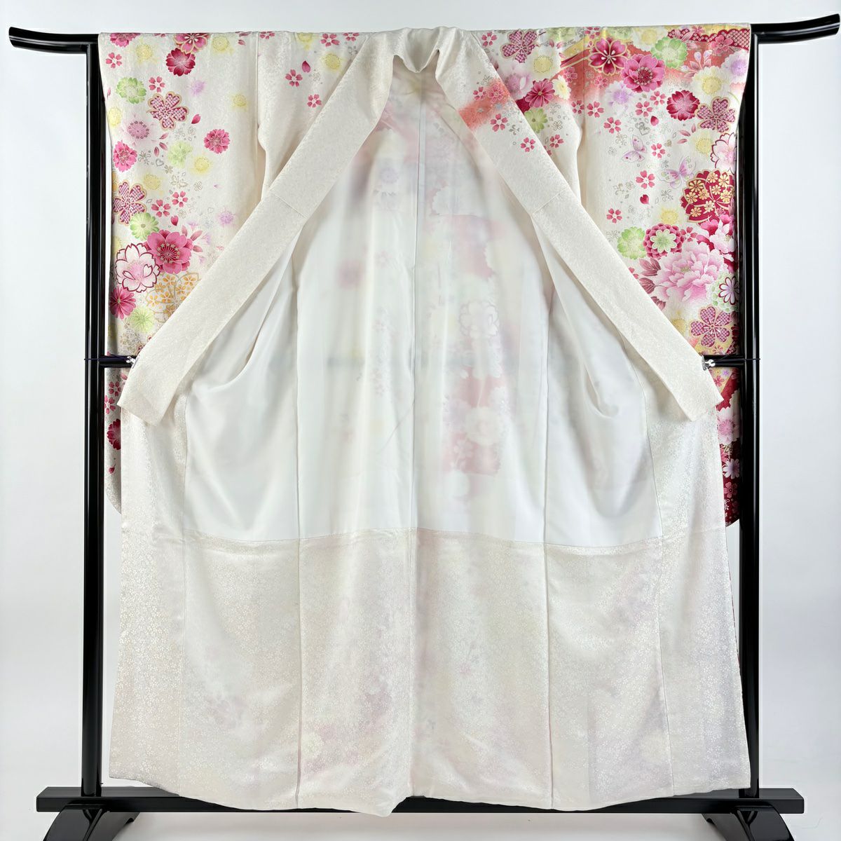 振袖禮服 身長157.5cm 袖長64.5cm M 雙層 牡丹 櫻花 金銀彩 金金箔 奶油色 純蠶絲 逸品級