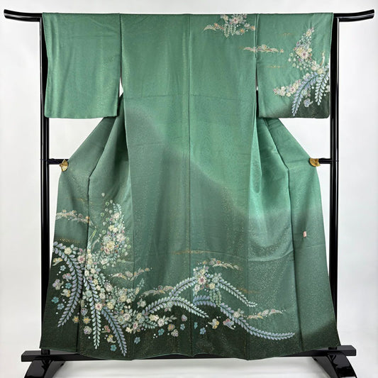 訪問服 身長156.5cm 袖長64.5cm M 雙層 德永憲峯 落款あり 辻花染 金通し 漸層 灰綠 純蠶絲 逸品級