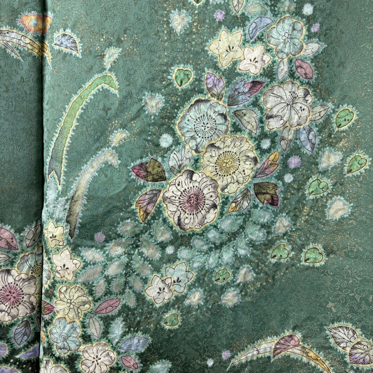 訪問服 身長156.5cm 袖長64.5cm M 雙層 德永憲峯 落款あり 辻花染 金通し 漸層 灰綠 純蠶絲 逸品級