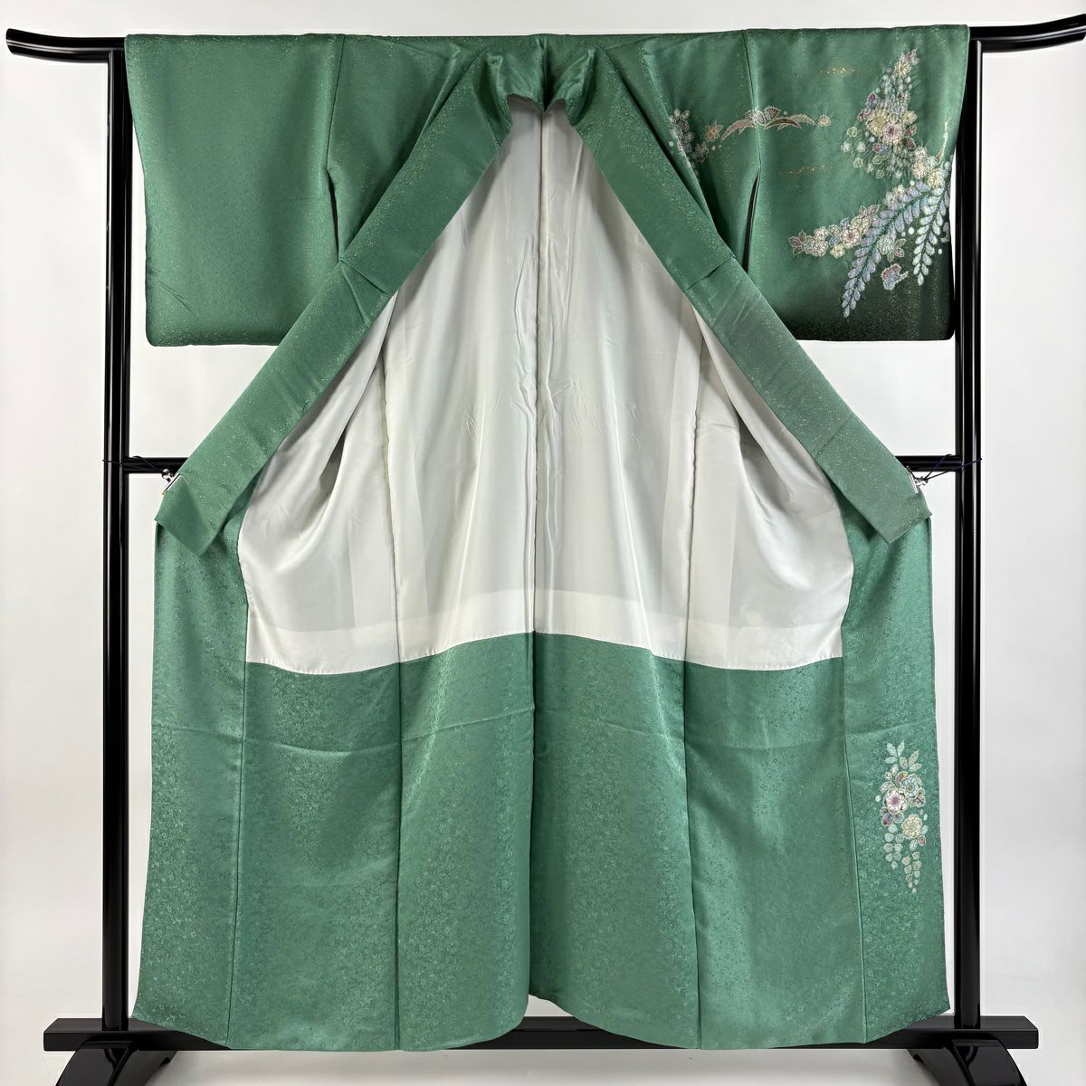 訪問服 身長156.5cm 袖長64.5cm M 雙層 德永憲峯 落款あり 辻花染 金通し 漸層 灰綠 純蠶絲 逸品級
