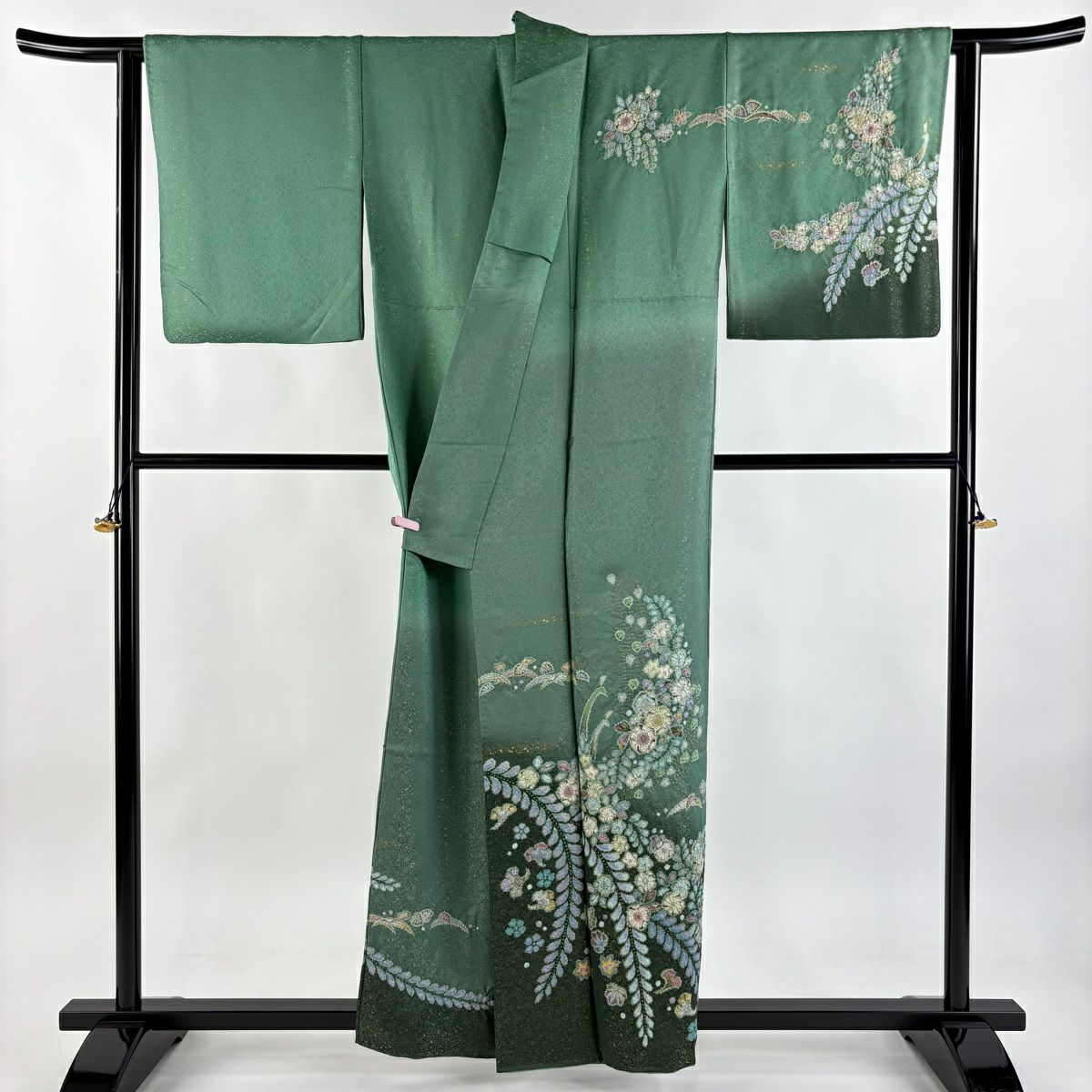 訪問服 身長156.5cm 袖長64.5cm M 雙層 德永憲峯 落款あり 辻花染 金通し 漸層 灰綠 純蠶絲 逸品級