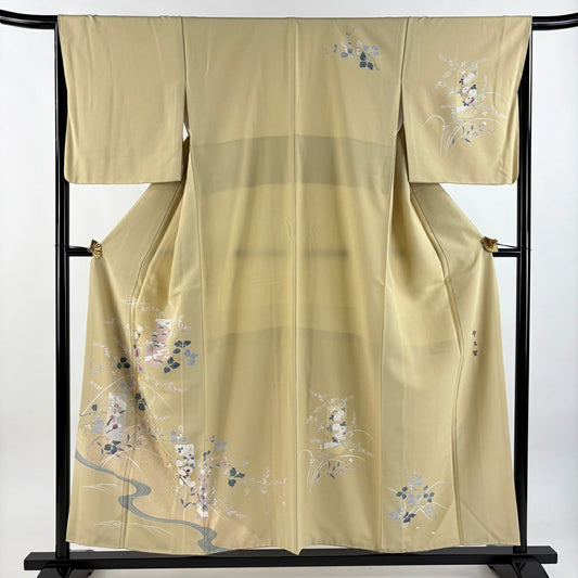 訪問服 身長155.5cm 袖長66cm M 雙層 帝王紫 落款あり 短冊 萬壽菊花 刺繡 金彩裝飾 米色 純蠶絲 逸品級
