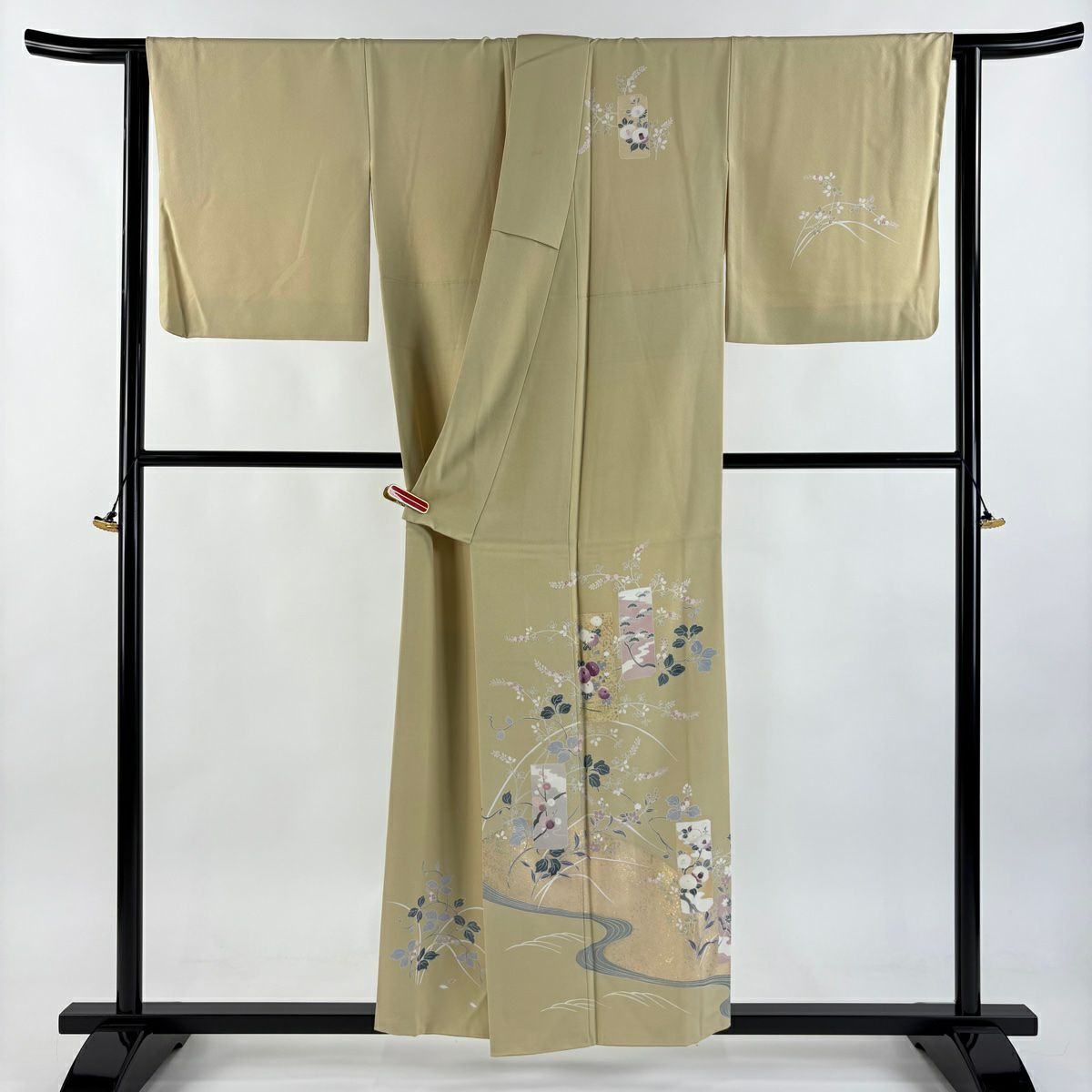 訪問服 身長155.5cm 袖長66cm M 雙層 帝王紫 落款あり 短冊 萬壽菊花 刺繡 金彩裝飾 米色 純蠶絲 逸品級