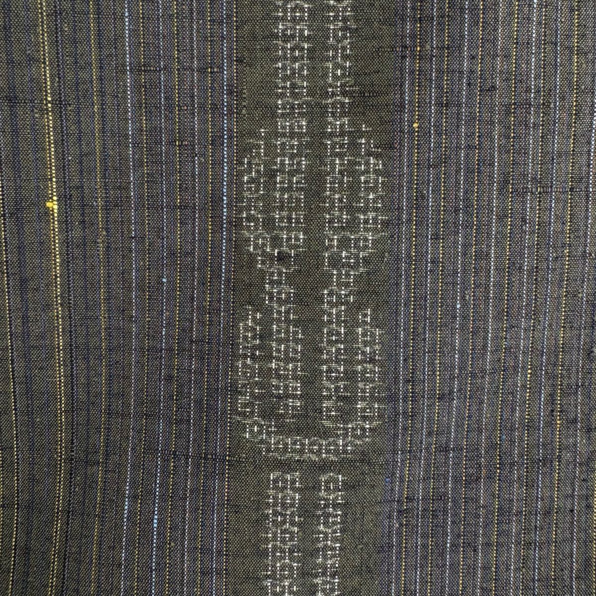 結城紬織 身長155.5cm 袖長64.5cm M 雙層 產地女兒 證明書附帶 縱條幾何圖案 茶綠 純蠶絲 逸品級
