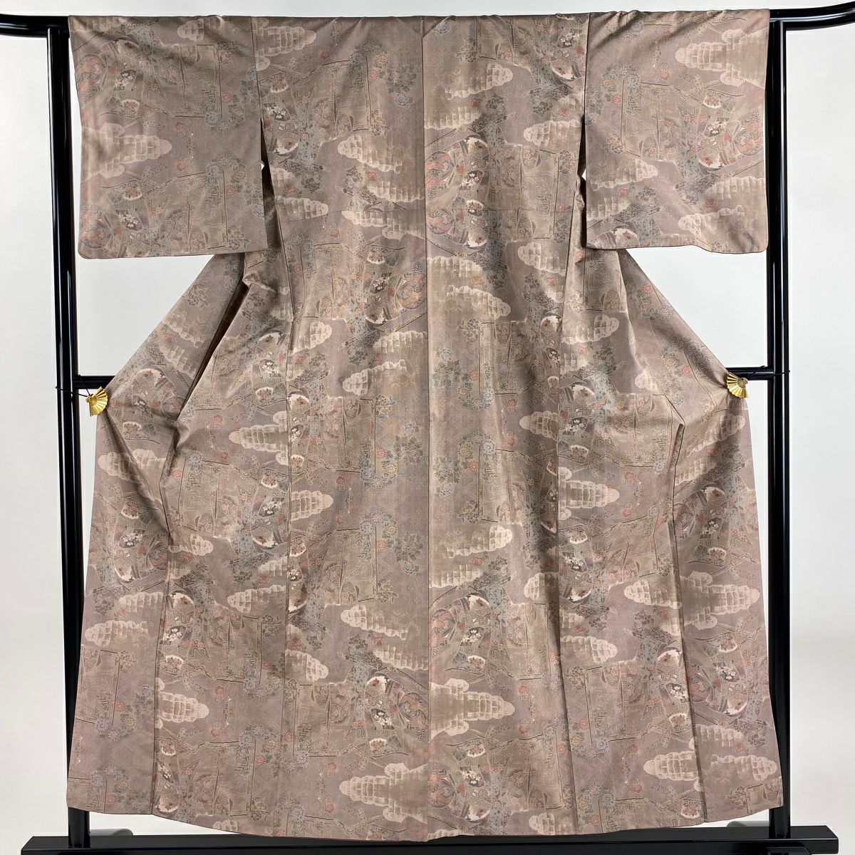 【美品】 紬織 身長155cm 袖長63cm S 雙層 證書在手 誰が袖 雲紋 淺豆色 純蠶絲 逸品級