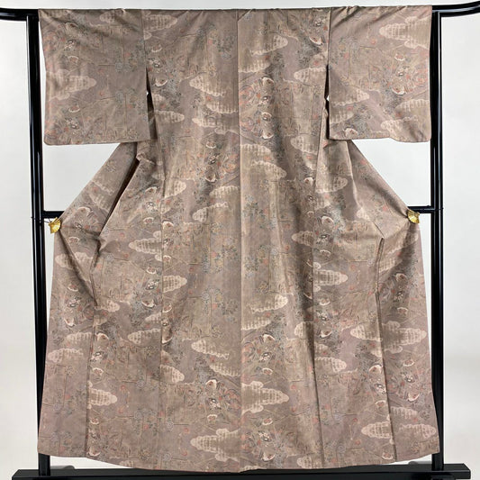 【美品】 紬織 身長155cm 袖長63cm S 雙層 證書在手 誰が袖 雲紋 淺豆色 純蠶絲 逸品級