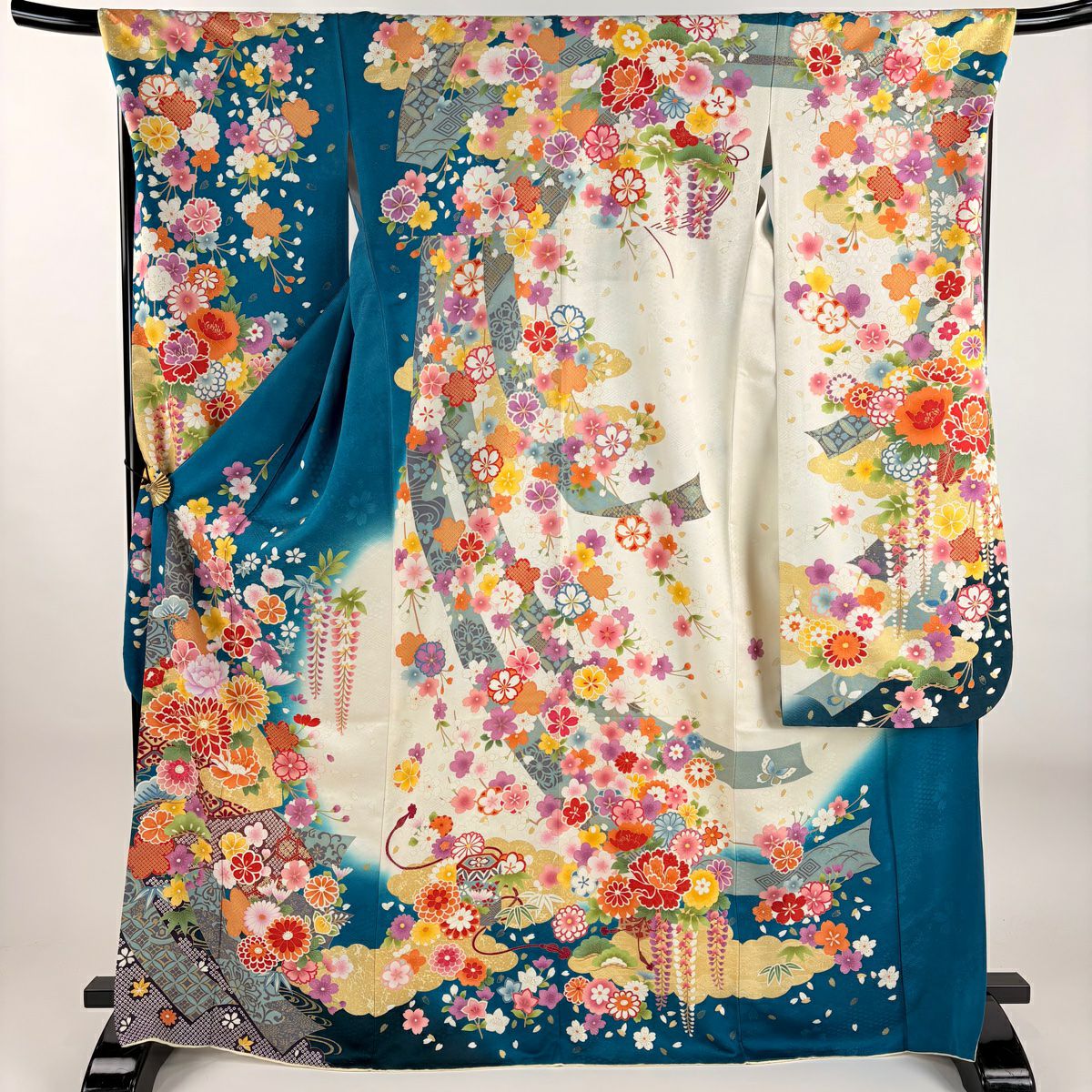 振袖禮服 身長169cm 袖長70cm L 雙層 菊花 扇子面 金糸 銀通 青綠 純蠶絲 逸品級