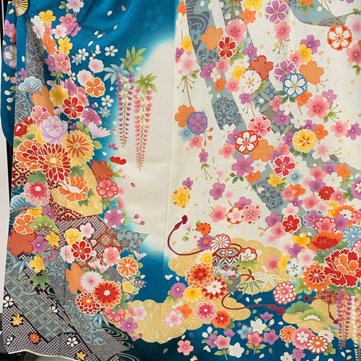 振袖禮服 身長169cm 袖長70cm L 雙層 菊花 扇子面 金糸 銀通 青綠 純蠶絲 逸品級