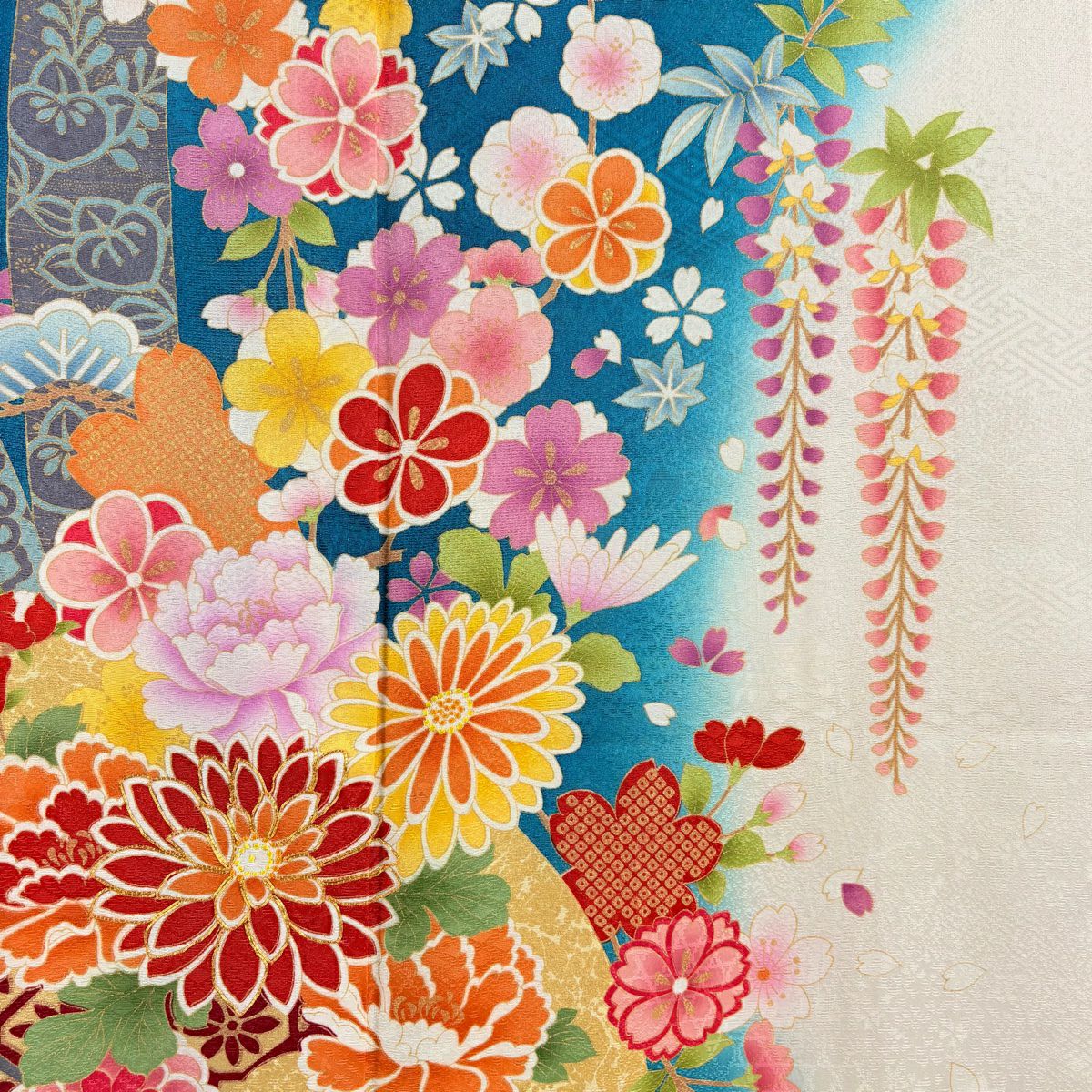 振袖禮服 身長169cm 袖長70cm L 雙層 菊花 扇子面 金糸 銀通 青綠 純蠶絲 逸品級