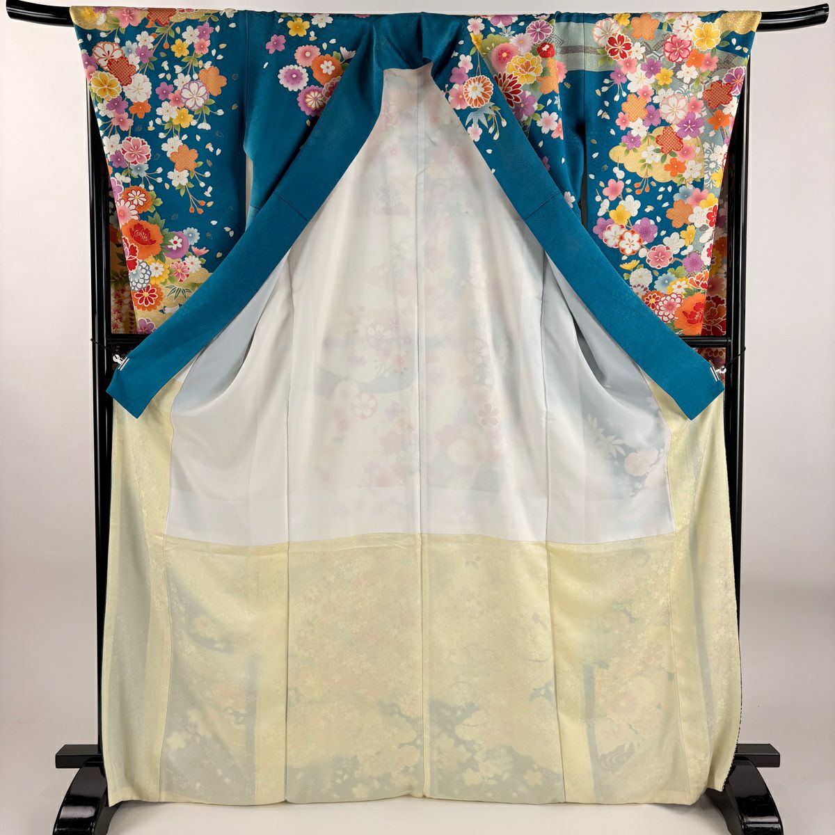 振袖禮服 身長169cm 袖長70cm L 雙層 菊花 扇子面 金糸 銀通 青綠 純蠶絲 逸品級