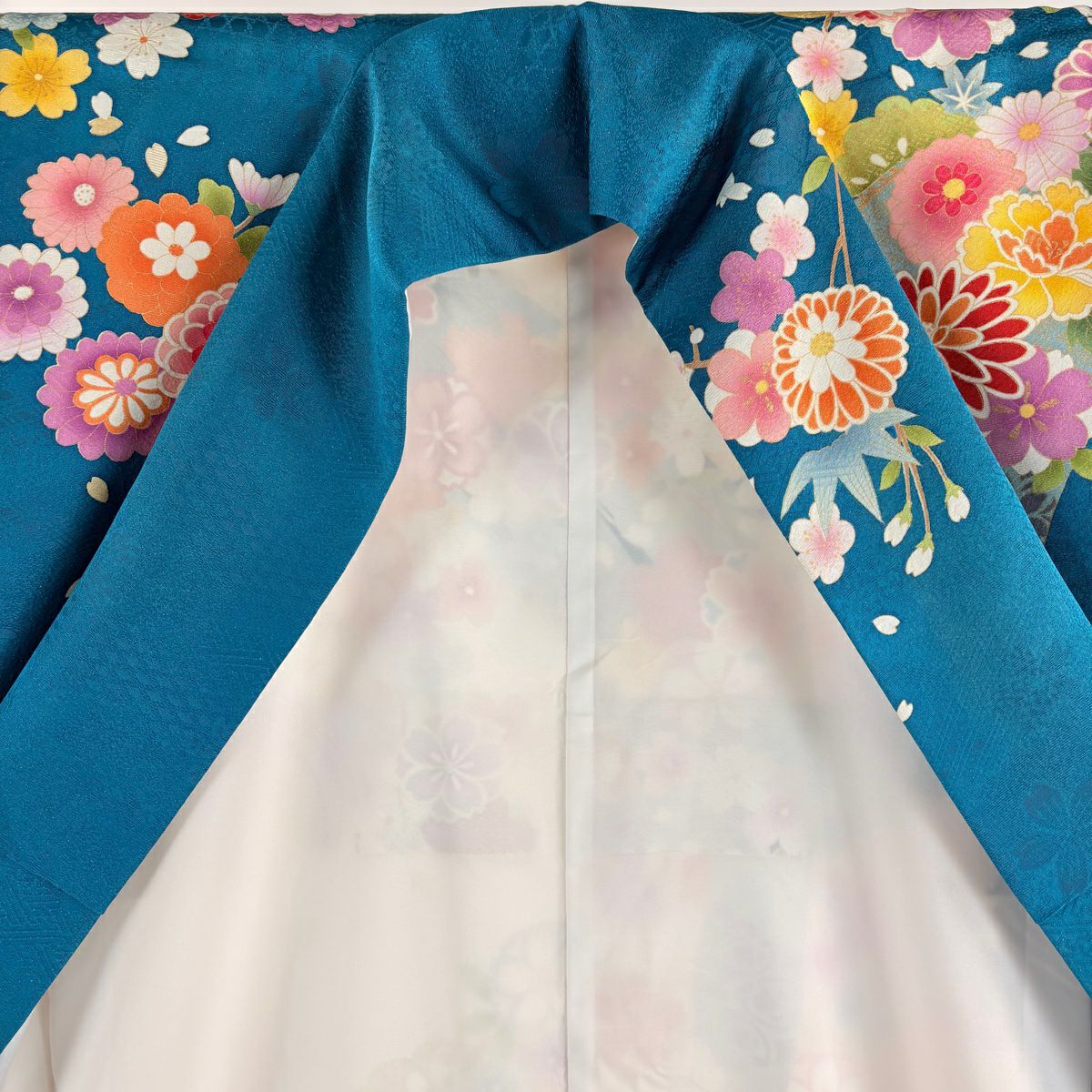 振袖禮服 身長169cm 袖長70cm L 雙層 菊花 扇子面 金糸 銀通 青綠 純蠶絲 逸品級