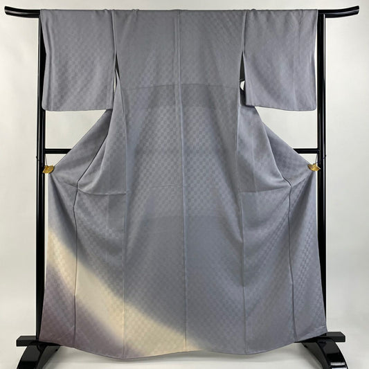 【美品】 付下 身長164.5cm 袖長64.5cm M 雙層 地紋 裾暈染 青灰 純蠶絲 秀品級
