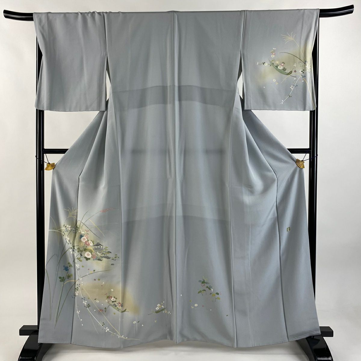 付下 身長162.5cm 袖長68.5cm L 雙層 落款 秋草紋 建物 漸層 青灰 純蠶絲 優品級
