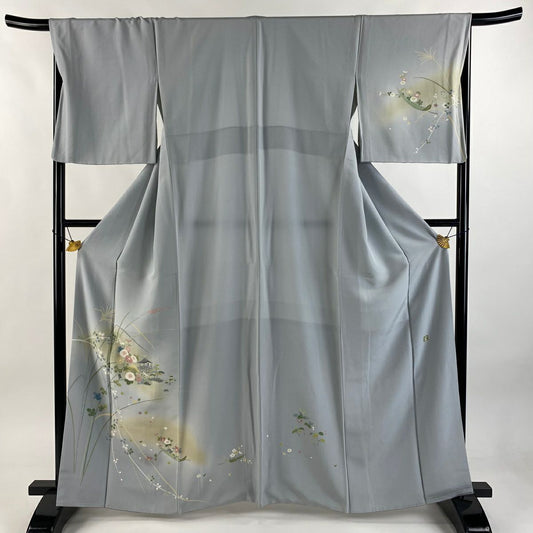 付下 身長162.5cm 袖長68.5cm L 雙層 落款 秋草紋 建物 漸層 青灰 純蠶絲 優品級