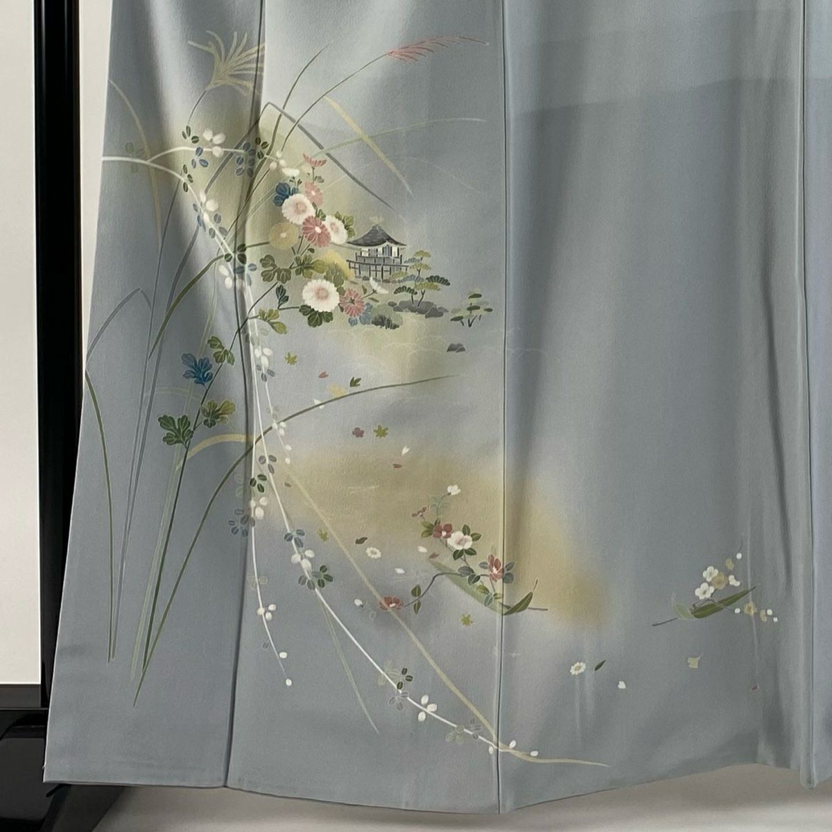 付下 身長162.5cm 袖長68.5cm L 雙層 落款 秋草紋 建物 漸層 青灰 純蠶絲 優品級
