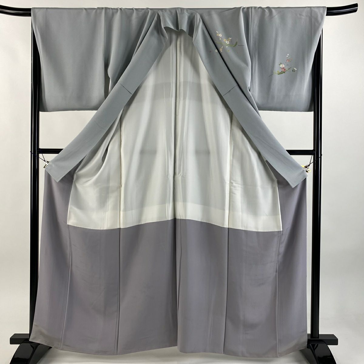 付下 身長162.5cm 袖長68.5cm L 雙層 落款 秋草紋 建物 漸層 青灰 純蠶絲 優品級