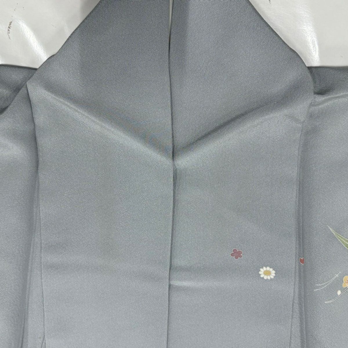 付下 身長162.5cm 袖長68.5cm L 雙層 落款 秋草紋 建物 漸層 青灰 純蠶絲 優品級