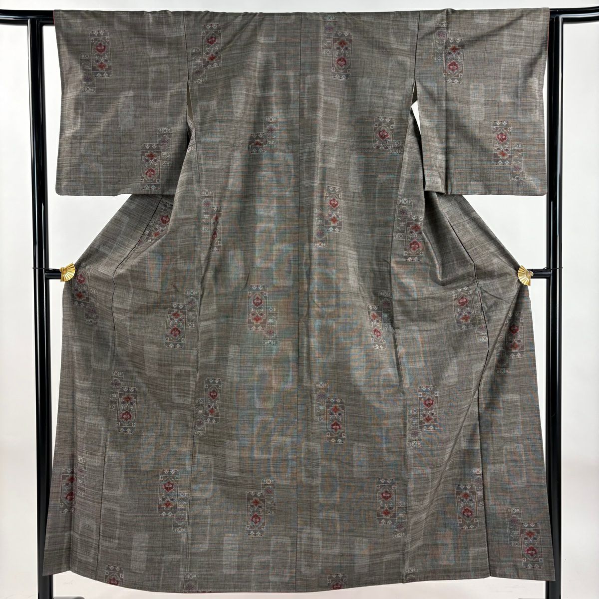 【美品】 紬織織 身長153cm 袖長61cm S 雙層 草花紋紋 幾何圖案 焦茶 純蠶絲 秀品級