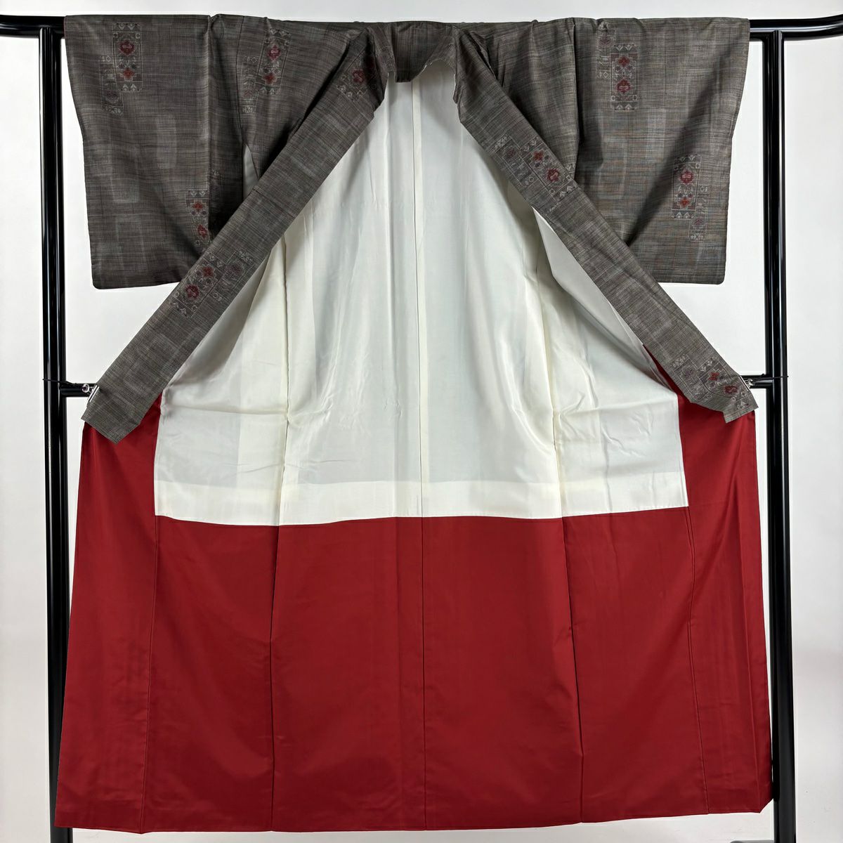 【美品】 紬織織 身長153cm 袖長61cm S 雙層 草花紋紋 幾何圖案 焦茶 純蠶絲 秀品級
