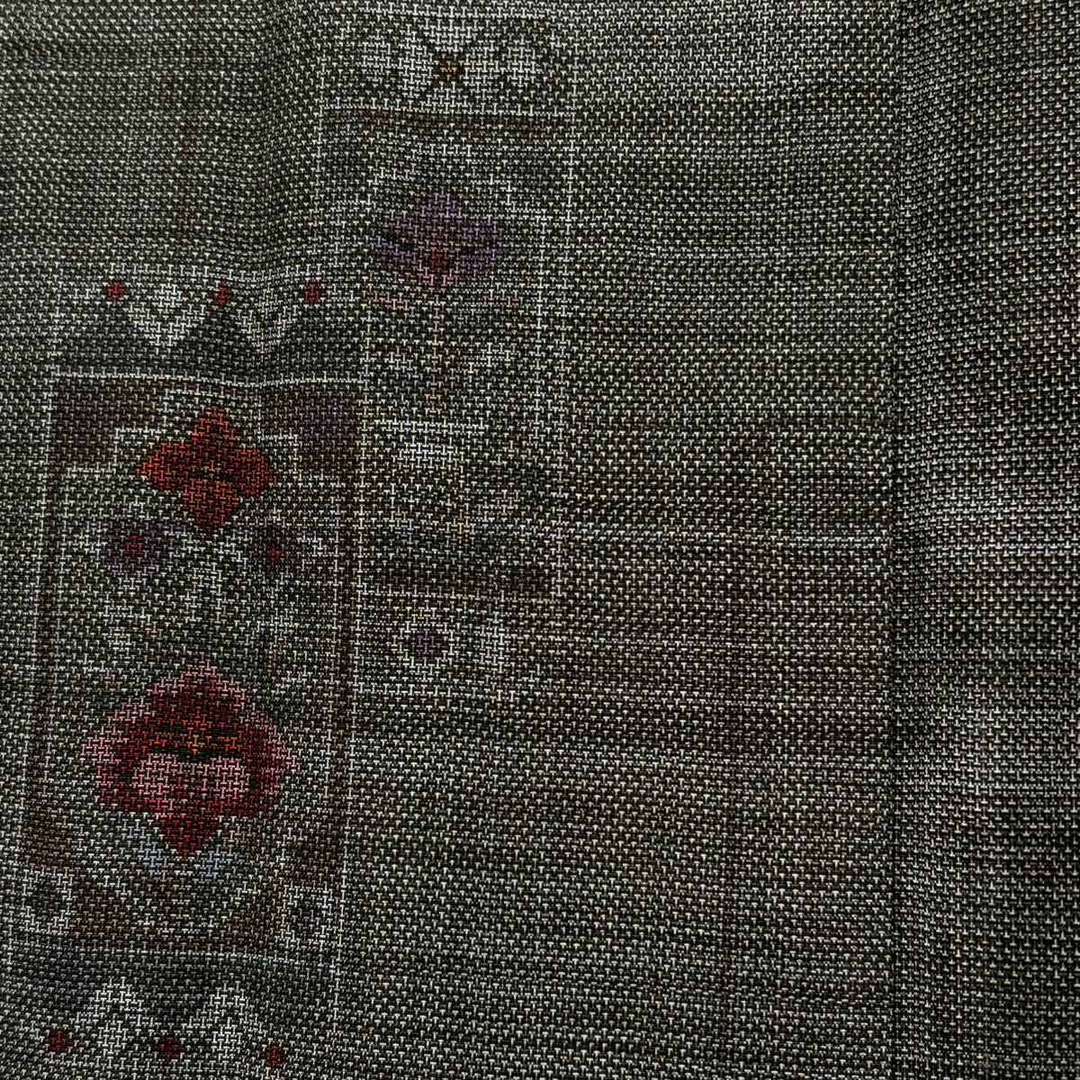 【美品】 紬織織 身長153cm 袖長61cm S 雙層 草花紋紋 幾何圖案 焦茶 純蠶絲 秀品級