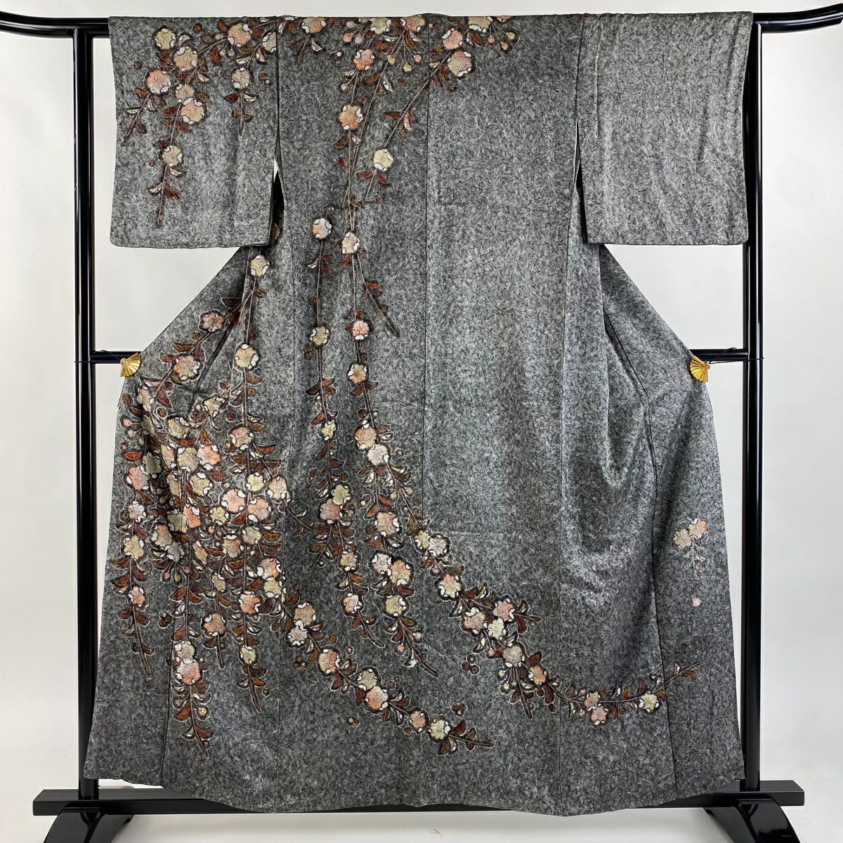 【庫存清倉】訪問服 身長157cm 袖長62cm S 雙層 落款有 枝花地紋 黑灰 純蠶絲 名品級