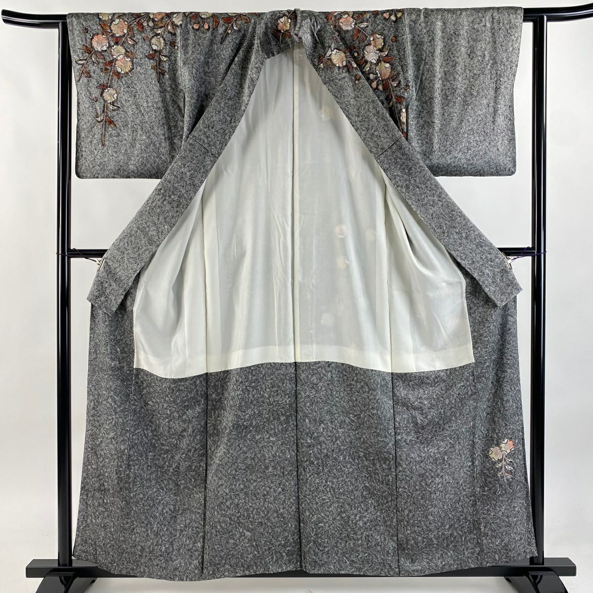 【庫存清倉】訪問服 身長157cm 袖長62cm S 雙層 落款有 枝花地紋 黑灰 純蠶絲 名品級