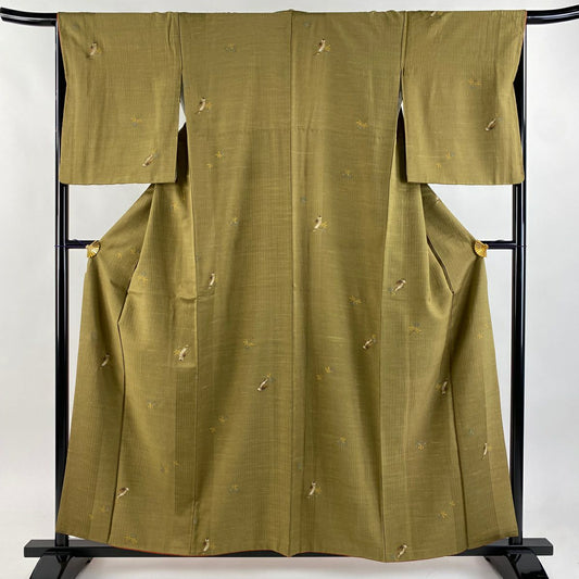 【庫存清倉】 【美品】 小紋 身長157.5cm 袖長65.5cm M 雙層 貓頭鷹 金銀彩 鶯 綠 純蠶絲 名品級