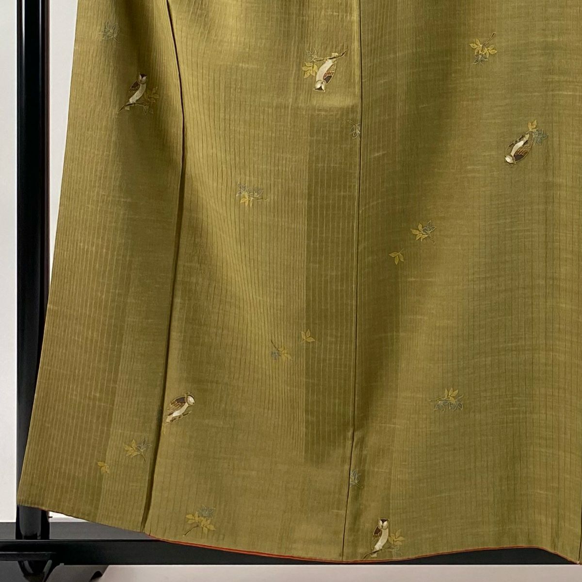 【庫存清倉】 【美品】 小紋 身長157.5cm 袖長65.5cm M 雙層 貓頭鷹 金銀彩 鶯 綠 純蠶絲 名品級