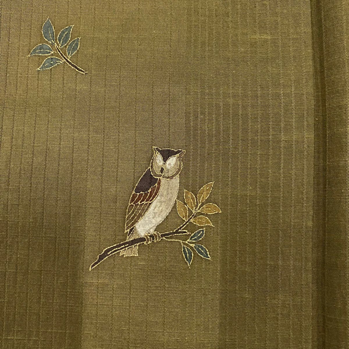 【庫存清倉】 【美品】 小紋 身長157.5cm 袖長65.5cm M 雙層 貓頭鷹 金銀彩 鶯 綠 純蠶絲 名品級
