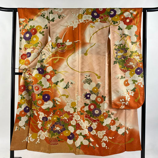 【庫存清倉】振袖禮服 身長150.5cm 袖長61cm S 雙層 花籠 波 金絲 金銀彩 橙色 純蠶絲 名品級