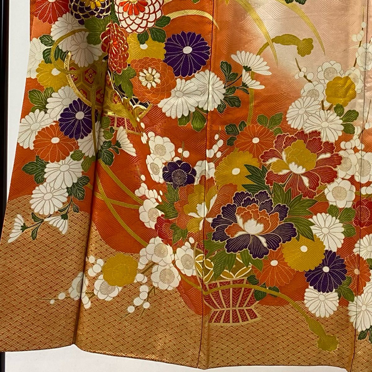 【庫存清倉】振袖禮服 身長150.5cm 袖長61cm S 雙層 花籠 波 金絲 金銀彩 橙色 純蠶絲 名品級