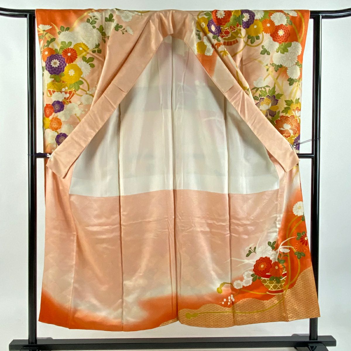 【庫存清倉】振袖禮服 身長150.5cm 袖長61cm S 雙層 花籠 波 金絲 金銀彩 橙色 純蠶絲 名品級