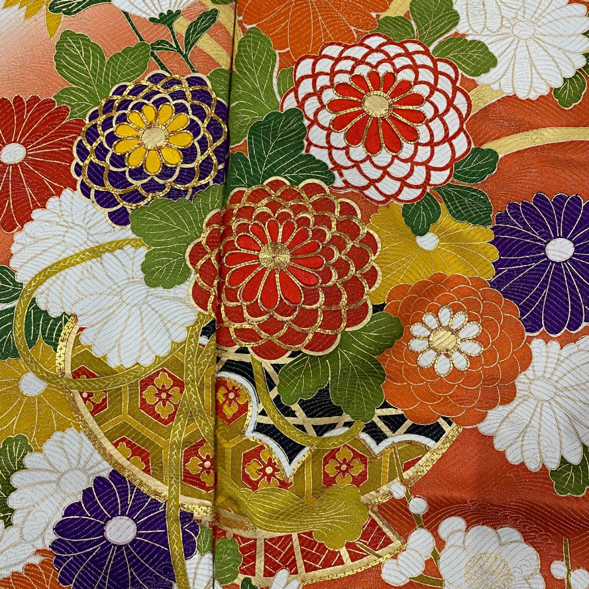 【庫存清倉】振袖禮服 身長150.5cm 袖長61cm S 雙層 花籠 波 金絲 金銀彩 橙色 純蠶絲 名品級