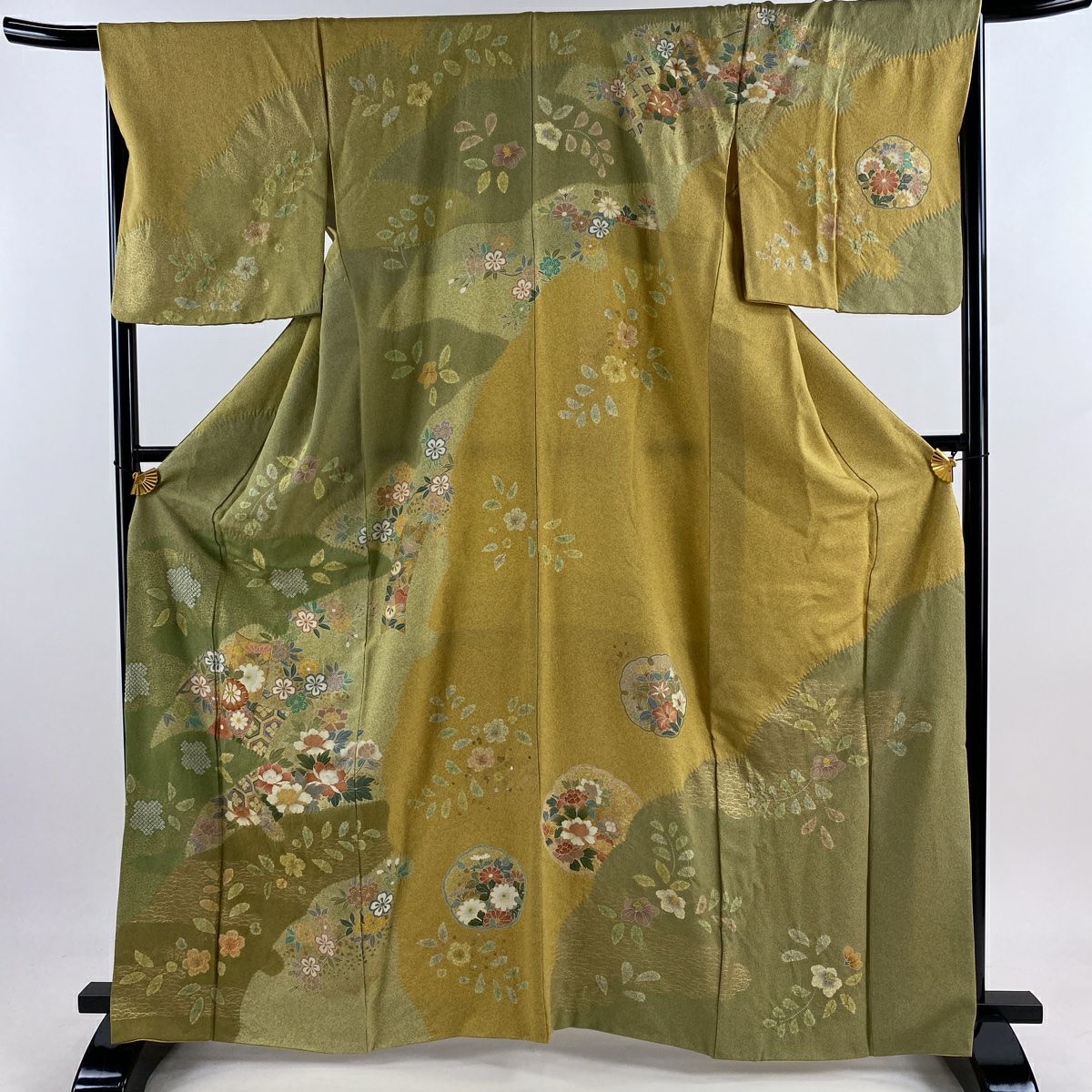 【庫存清倉】訪問服 身長164.5cm 袖長67cm M 雙層 短冊 草花紋紋 金絲 金銀彩 灰綠 純蠶絲 名品級