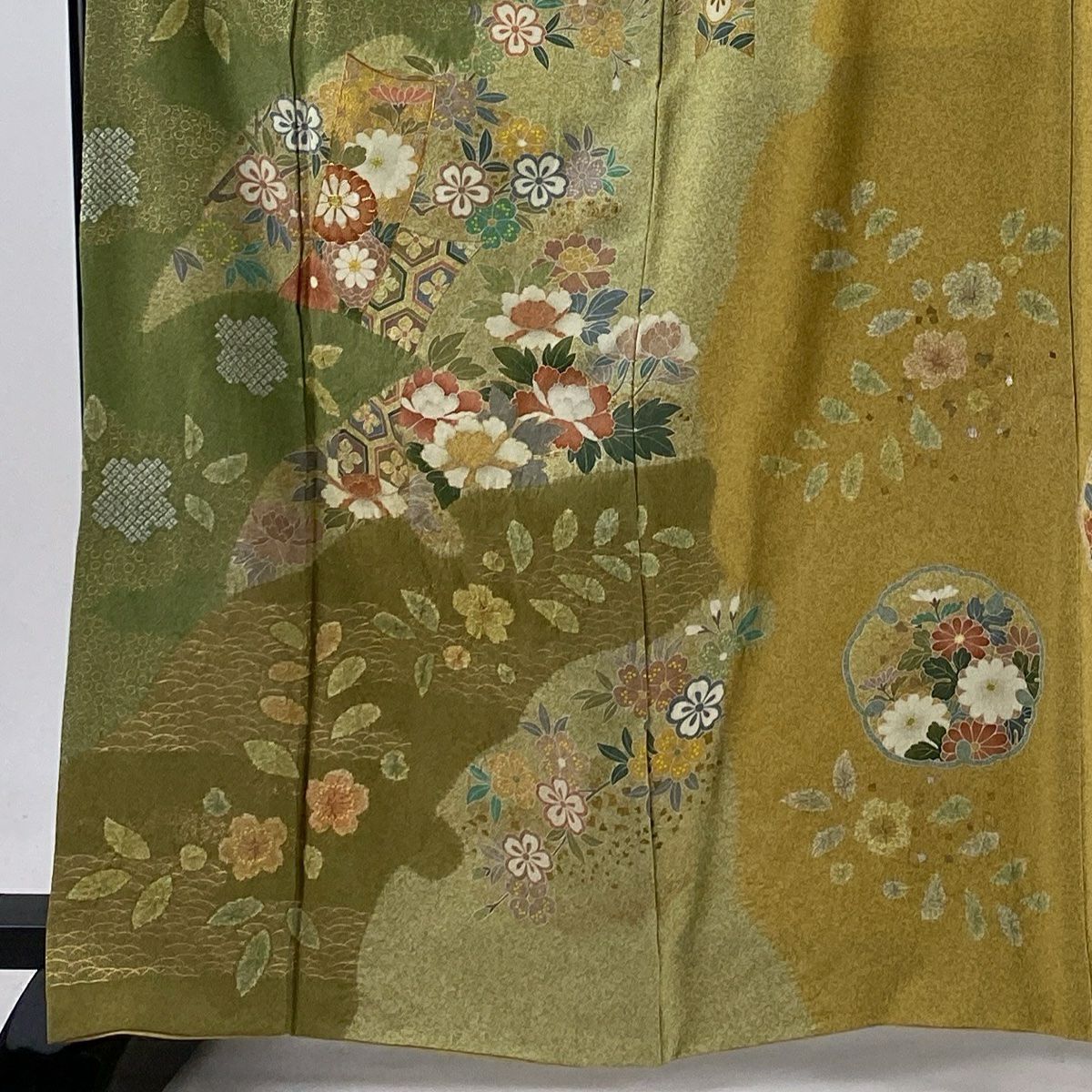 【庫存清倉】訪問服 身長164.5cm 袖長67cm M 雙層 短冊 草花紋紋 金絲 金銀彩 灰綠 純蠶絲 名品級