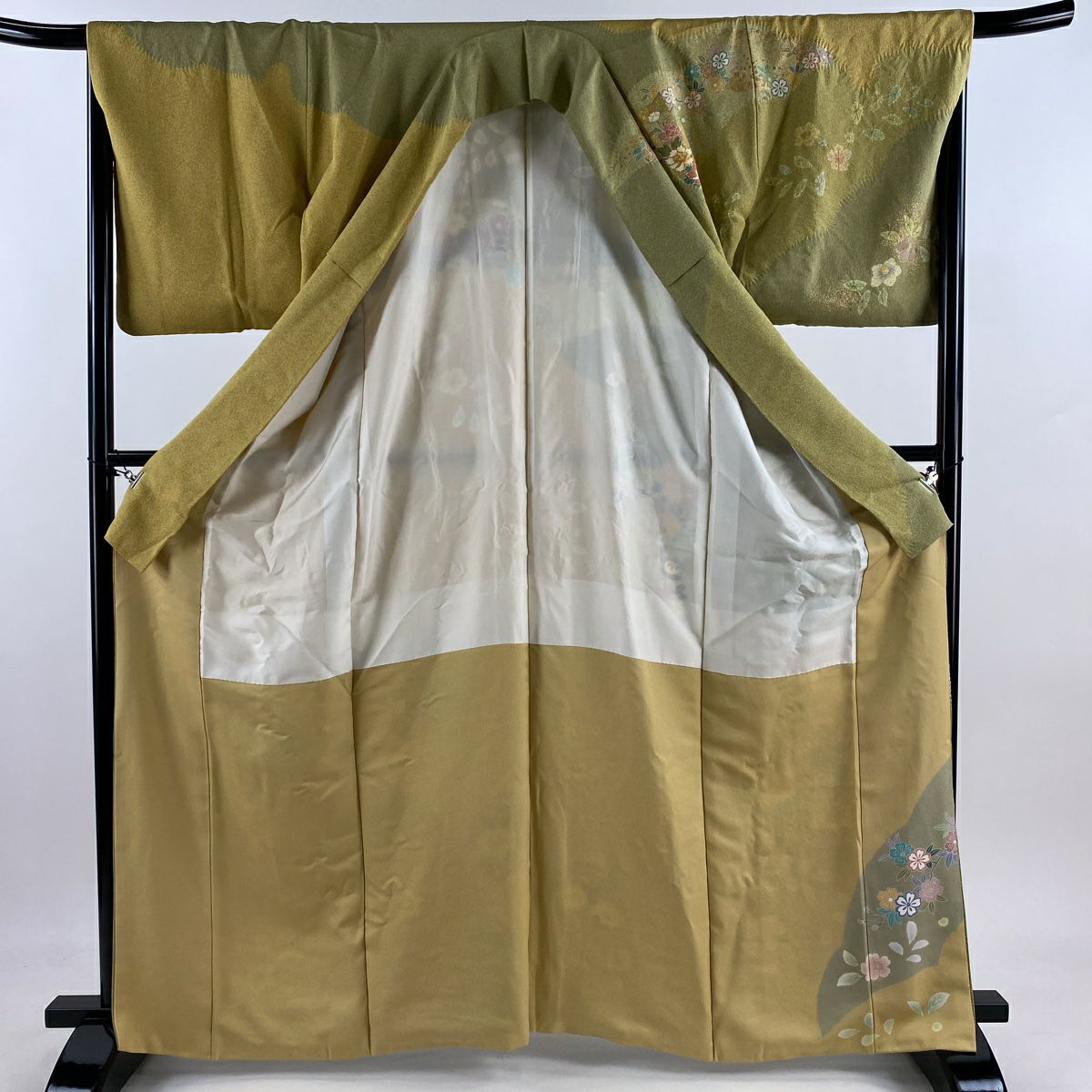 【庫存清倉】訪問服 身長164.5cm 袖長67cm M 雙層 短冊 草花紋紋 金絲 金銀彩 灰綠 純蠶絲 名品級
