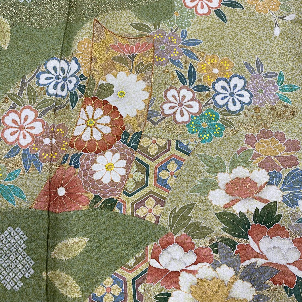【庫存清倉】訪問服 身長164.5cm 袖長67cm M 雙層 短冊 草花紋紋 金絲 金銀彩 灰綠 純蠶絲 名品級