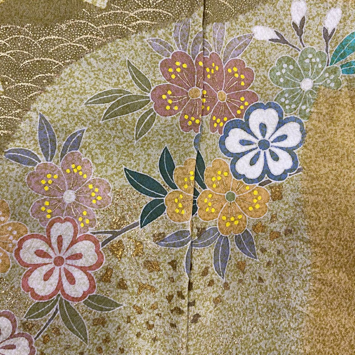 【庫存清倉】訪問服 身長164.5cm 袖長67cm M 雙層 短冊 草花紋紋 金絲 金銀彩 灰綠 純蠶絲 名品級