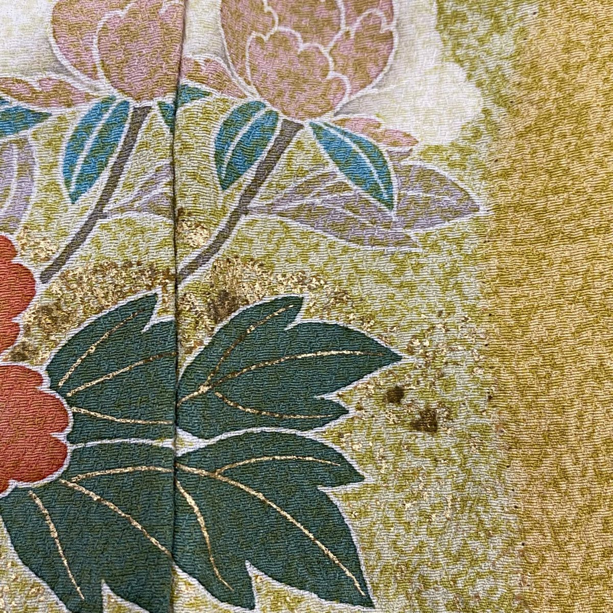 【庫存清倉】訪問服 身長164.5cm 袖長67cm M 雙層 短冊 草花紋紋 金絲 金銀彩 灰綠 純蠶絲 名品級