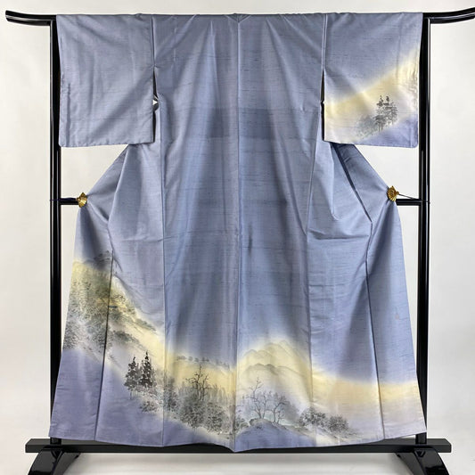 【庫存清倉】 付下 身長156cm 袖長64cm M 雙層 紬織織 有落款 風景 家屋 漸層 水藍 純蠶絲 名品級