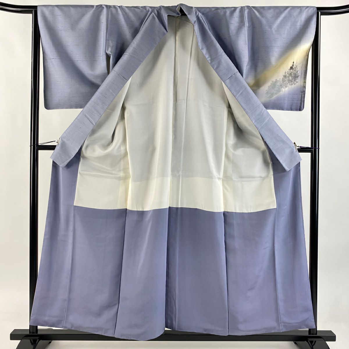【庫存清倉】 付下 身長156cm 袖長64cm M 雙層 紬織織 有落款 風景 家屋 漸層 水藍 純蠶絲 名品級