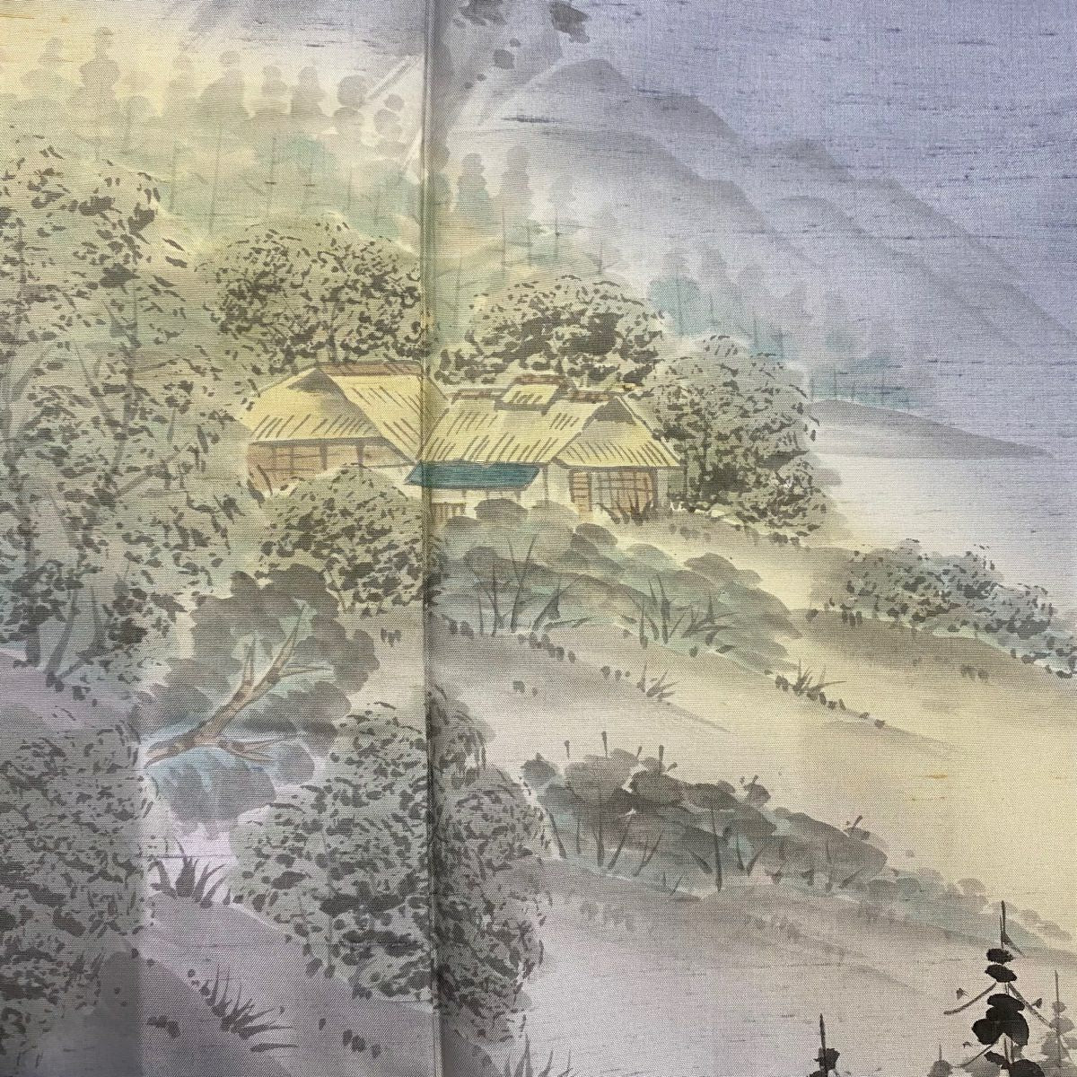 【庫存清倉】 付下 身長156cm 袖長64cm M 雙層 紬織織 有落款 風景 家屋 漸層 水藍 純蠶絲 名品級