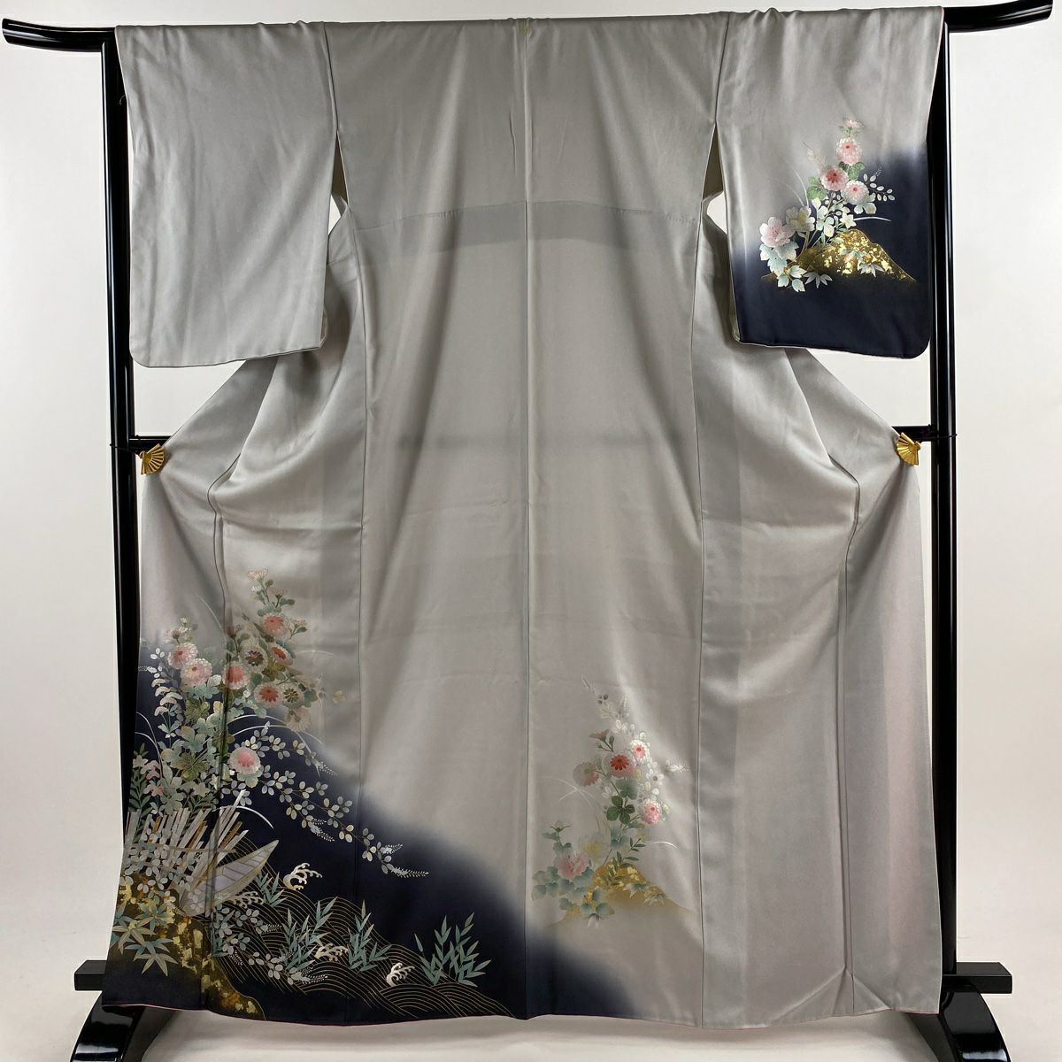【庫存清倉】訪問服 身長166.5cm 袖長65.5cm M 雙層 菊花 舟 螺鈿 金銀彩 灰 純蠶絲 名品級 一つ紋