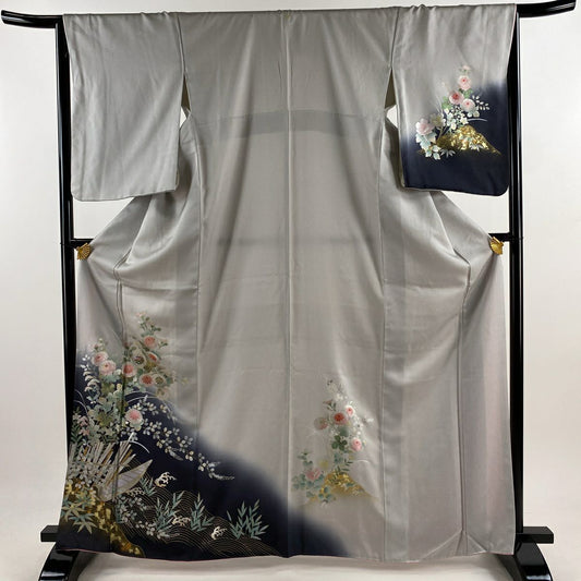 【庫存清倉】訪問服 身長166.5cm 袖長65.5cm M 雙層 菊花 舟 螺鈿 金銀彩 灰 純蠶絲 名品級 一つ紋