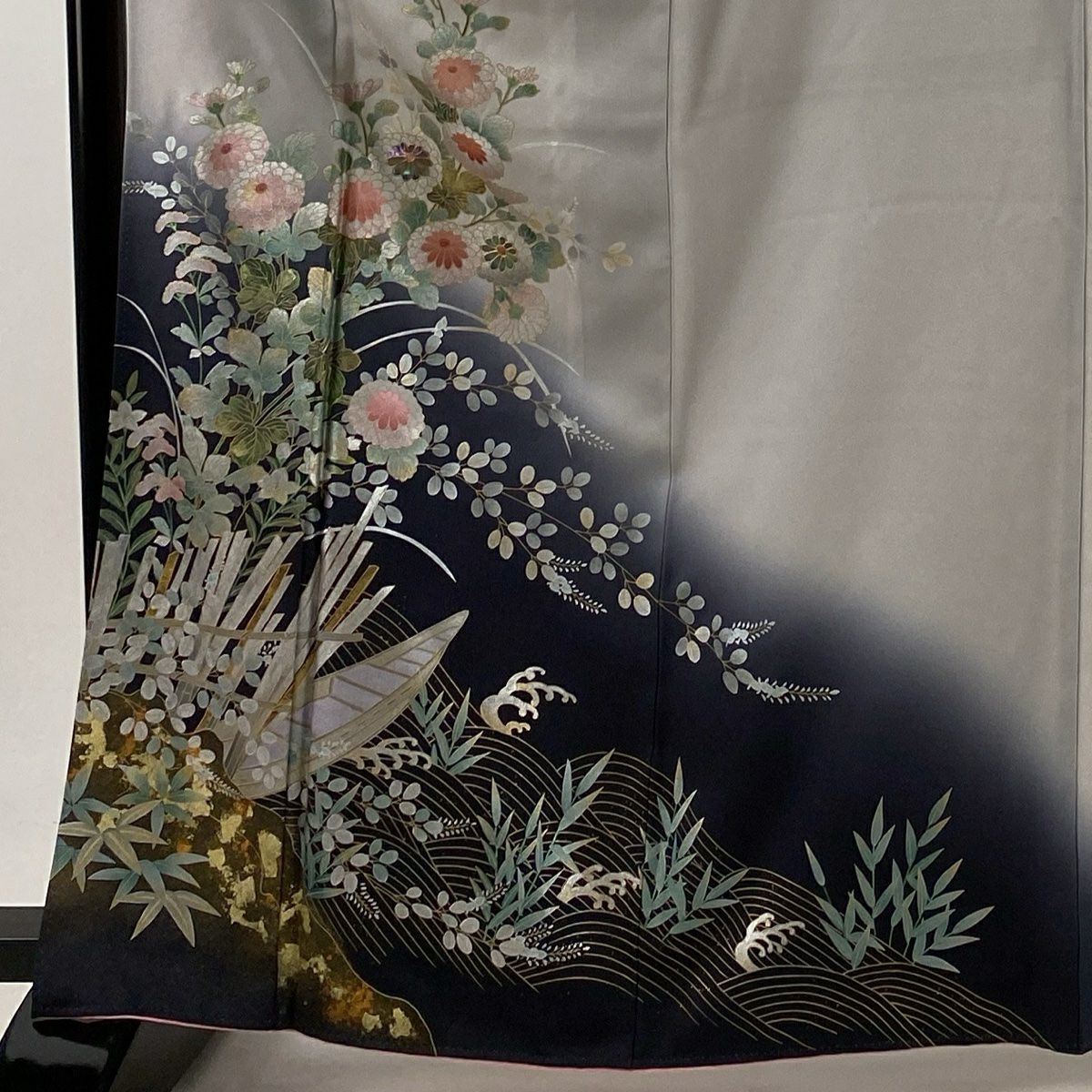 【庫存清倉】訪問服 身長166.5cm 袖長65.5cm M 雙層 菊花 舟 螺鈿 金銀彩 灰 純蠶絲 名品級 一つ紋
