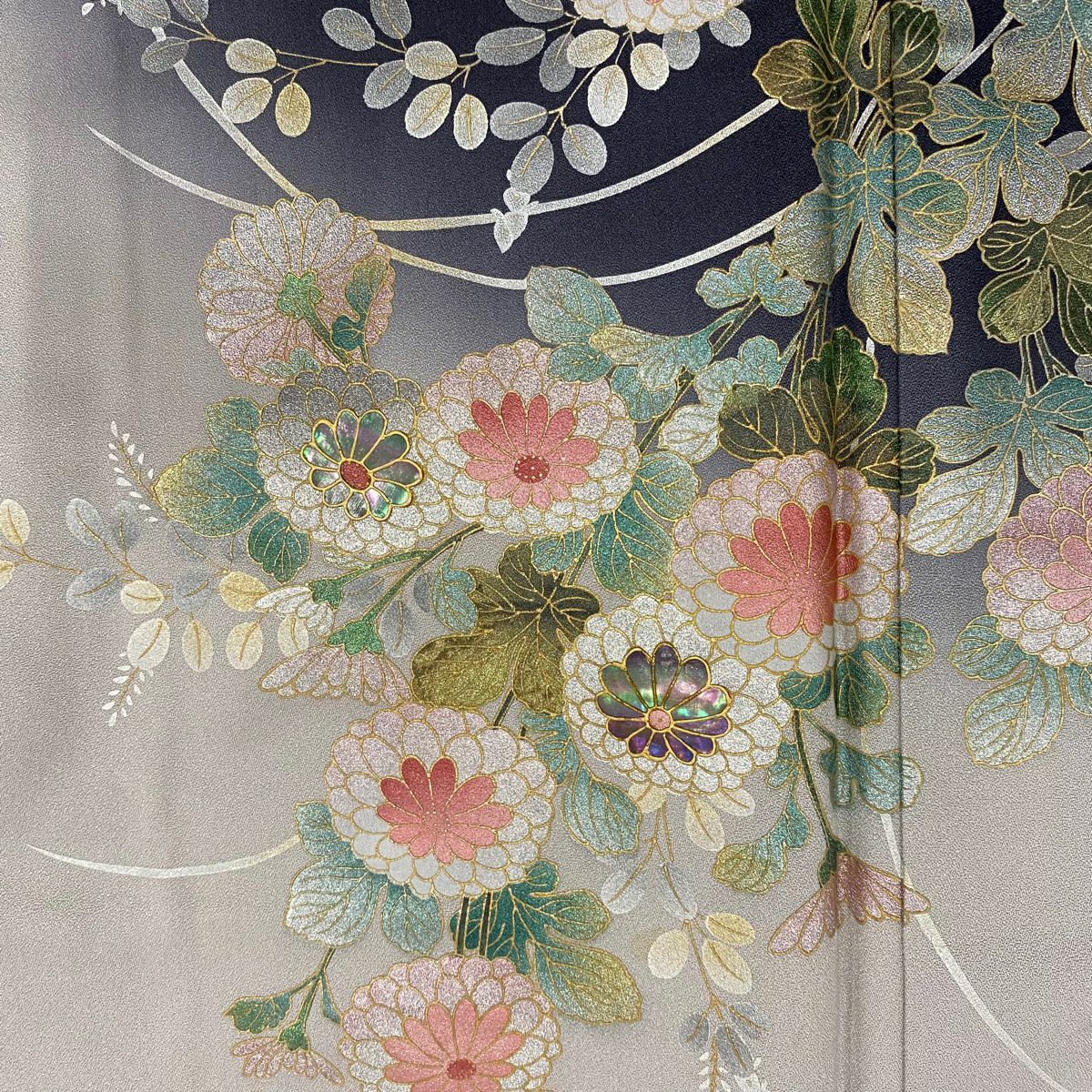 【庫存清倉】訪問服 身長166.5cm 袖長65.5cm M 雙層 菊花 舟 螺鈿 金銀彩 灰 純蠶絲 名品級 一つ紋